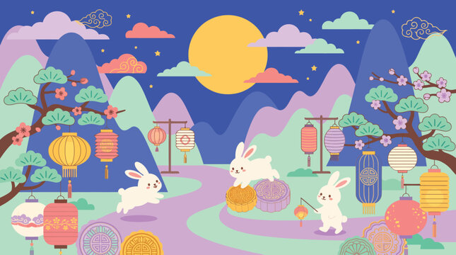 A beautiful illustration featuring cute white rabbits celebrating the traditional mid autumn festival under a bright yellow full moon