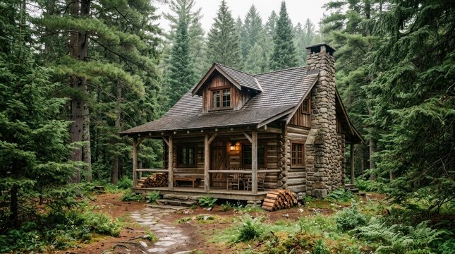 A rustic log cabin nestled in a dense forest with a wooden deck and stone chimney, surrounded by tall evergreen trees and a small stream.