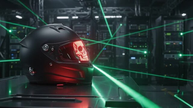 Futuristic helmet with glowing red skull visor in laser security room