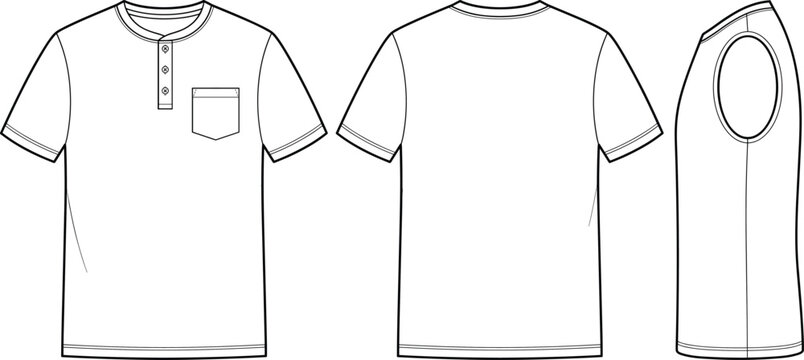 Blank henley t-shirt with pocket technical flat sketch template featuring front back and side views