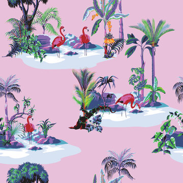 Jungle Flamingos Seamless Pattern with Tropical Palms Exotic Wetland Botanical Islands Birds Design