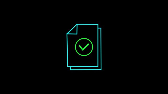 Neon  tex with checklist on document inside envelope on black background 4K video animation.