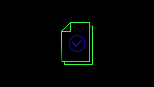 Neon  tex with checklist on document inside envelope on black background 4K video animation.