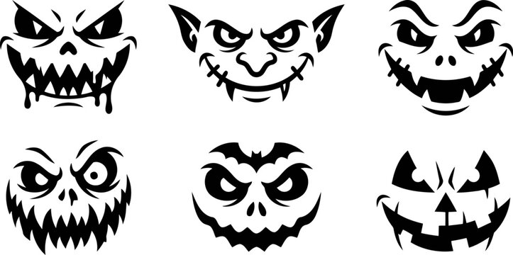 Scary Halloween monster faces set, spooky pumpkin carving stencils, creepy demon and goblin head silhouettes, 6 vector icons