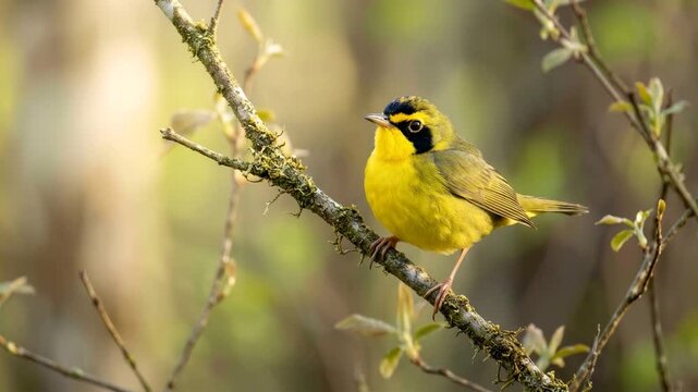 kentucky warbler singing close up at morning light in missouri usa woodland video