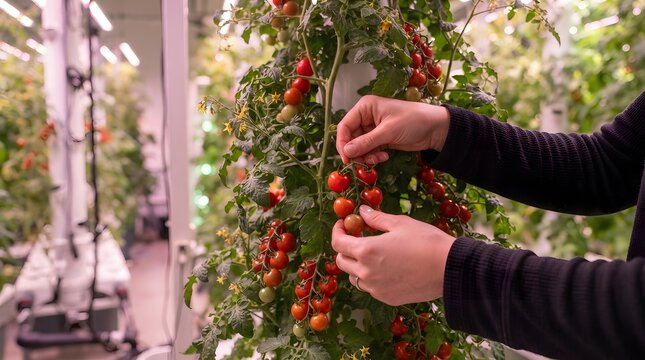 Close up of hands harvesting ripe cherry tomatoes in a controlled environment agriculture vertical farm setting