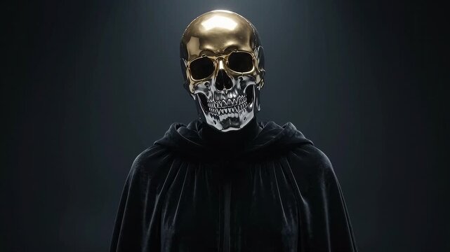 Reflective gold skull mask on a cloaked figure in dramatic spotlight