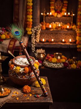Krishna Janmashtami Festival Decor with Flute and Makhan Pot