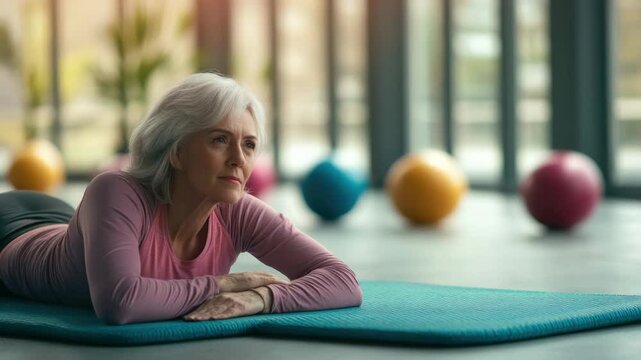 Senior Woman Practicing Yoga on a Mat in a Fitness Studio