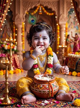 Little Krishna Baby Eating Butter for Janmashtami Celebration