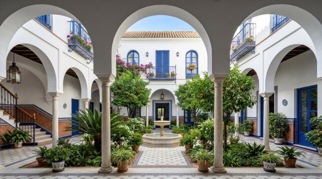 A white and blue courtyard with columns, plants, and a fountain.