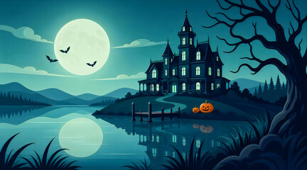 Fototapeta premium Spooky Halloween Haunted Castle by Lake with Full Moon Reflection