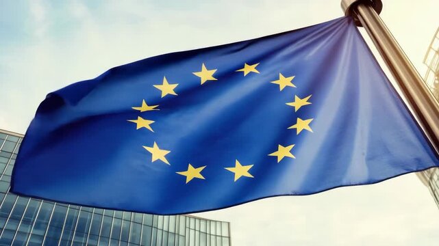 European Union Flag Waving on a Pole