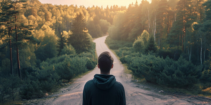 A person standing on a winding dirt road surrounded by a dense green forest during golden hour sunset light, looking ahead toward the horizon with a calm and reflective mood for outdoor adventure them