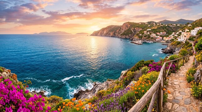Coastal Path at Sunset Overlooking Ocean Bay with Blooming Flowers
