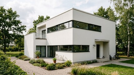 Fototapeta premium A modern, minimalist house with a white exterior and black window frames, surrounded by greenery and a paved walkway.