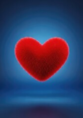 Obraz premium Vibrant red heart with a soft, fuzzy texture floats gracefully against a deep blue gradient background, symbolizing love and tenderness, central, textile, love