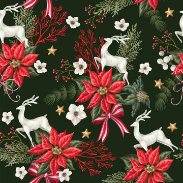 Christmas Seamless Pattern with Poinsettia Deer Bows Botanical Holiday Floral Winter Ornament Design
