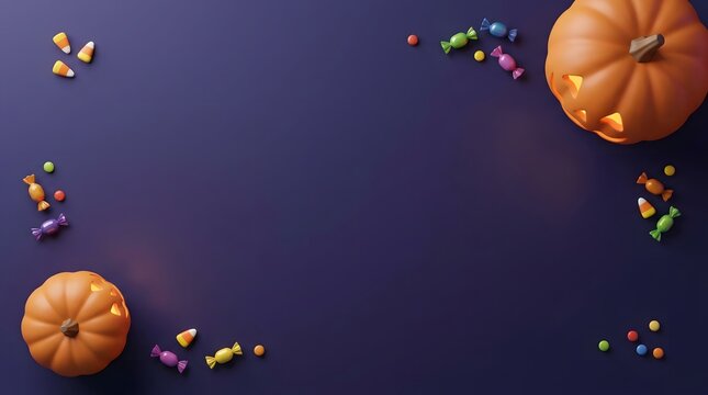 Festive halloween background featuring a 3d candy and jack o lantern border with glowing pumpkins and sweet treats arranged