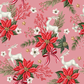 Christmas Seamless Pattern with Poinsettia Deer Bows Botanical Holiday Floral Winter Ornament Design