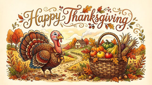 Vintage thanksgiving illustration with turkey and harvest bounty
