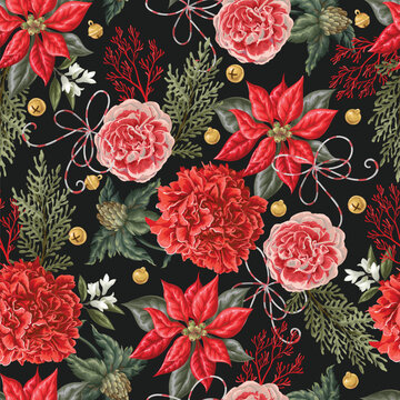 Christmas Seamless Pattern with Poinsettia Deer Bows Botanical Holiday Floral Winter Ornament Design