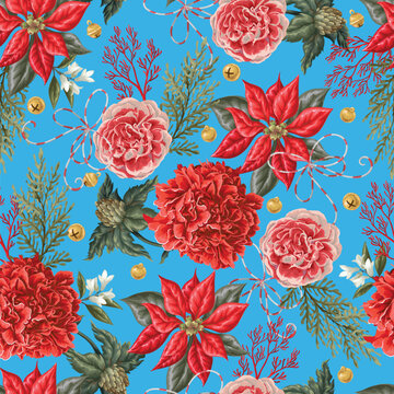 Christmas Seamless Pattern with Poinsettia Deer Bows Botanical Holiday Floral Winter Ornament Design