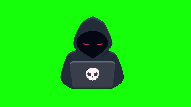 Anonymous hooded cybercriminal working on a laptop with a skull symbol, representing digital threats and hacking.
