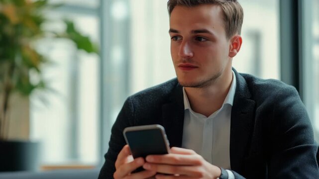 Young Businessman in a Blazer Using a Smartphone in a Modern Office
