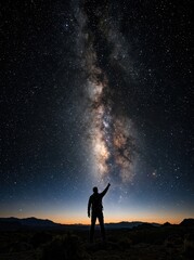 Fototapeta premium Silhouette of a Man Pointing at the Milky Way Galaxy in a Starry Night Sky over Mountains