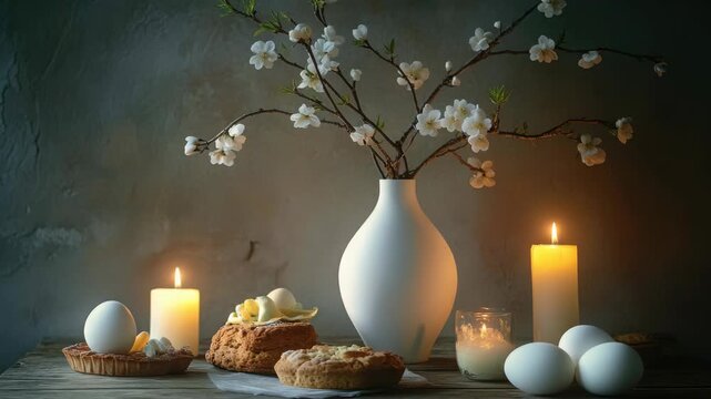 Still life of white vase with cherry blossoms, lit candles, and pastries