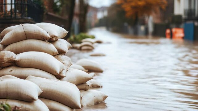 Sandbags lining a street to provide flood protection