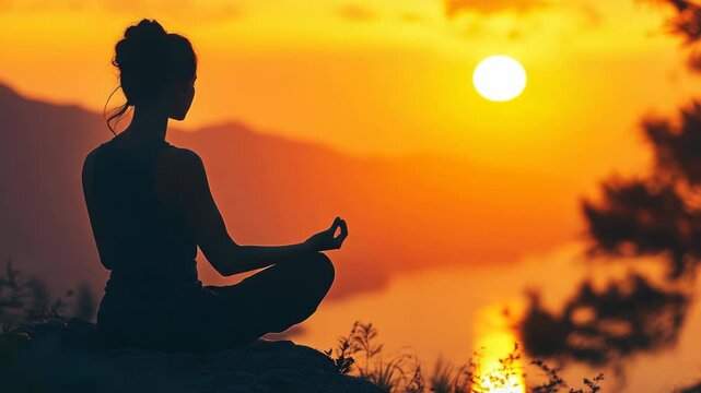 Silhouette of Woman Meditating in Lotus Pose at Sunset