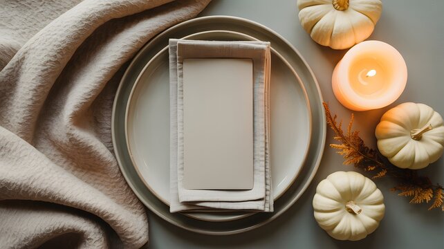 Elegant autumn table setting with empty plates small pumpkins and a warm glowing candle on table