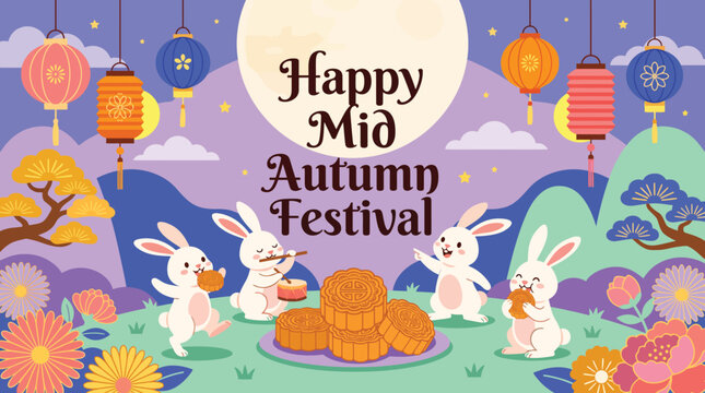 A beautiful illustration featuring cute rabbits and mooncakes celebrating the traditional chinese cultural event known as mid autumn festival holiday