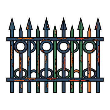 Stylized rusty iron fence with ornate spearhead tips