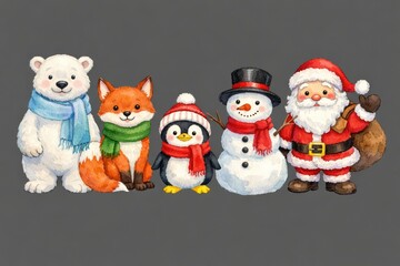 Naklejka premium Cute winter animals and Santa in festive attire.