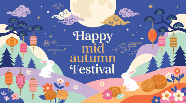 A beautiful artistic illustration celebrating the traditional mid autumn festival with a bright full moon and colorful festive lanterns