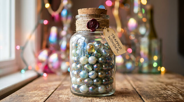 Glass Jar Filled With Colorful Marbles Labeled Trapped Wonder