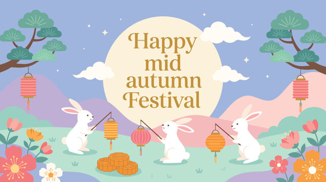 A beautiful illustration featuring cute rabbits and glowing lanterns celebrating the traditional cultural event known as mid autumn festival today