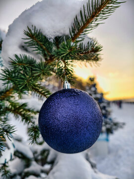 The Christmas tree is covered in snow and has a shiny ornament hanging from a branch. The sun sets in the background, marking the holiday season