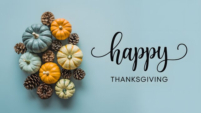 Happy thanksgiving greeting card with decorative pumpkins and pine cones on a soft blue background