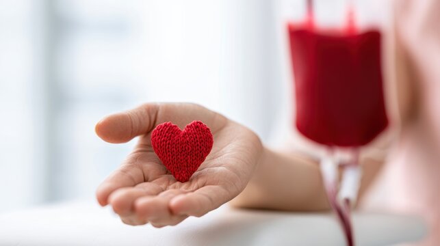 Knitted red heart in a donor hand beside a blood transfusion bag