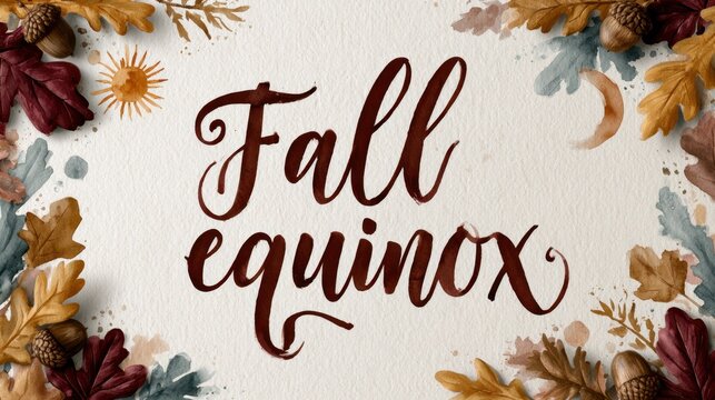 Watercolor autumn equinox illustration with balanced sun and crescent moon faces
