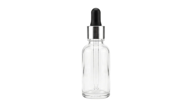 Clear glass dropper bottle with silver cap for cosmetic serum or medical oil product packaging design.