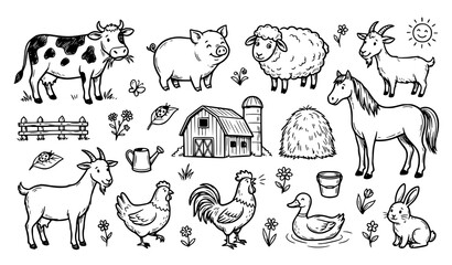 Fototapeta premium Hand drawn farm animals livestock and barn doodle collection line art vector isolated on white background