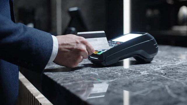 A person in a suit makes a contactless payment using a credit card at a POS terminal on a sleek marble counter, showcasing a modern and secure financial transaction.