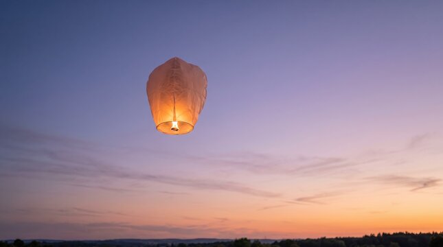 A single glowing paper sky lantern floating gracefully against a beautiful twilight sunset sky with soft purple and orange hues, symbolizing hope, wishes, peace, and celebration