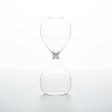 A minimalist transparent glass sand timer sits isolated on a bright white surface, featuring an elegant symmetrical shape and no sand, pause, classic, tool