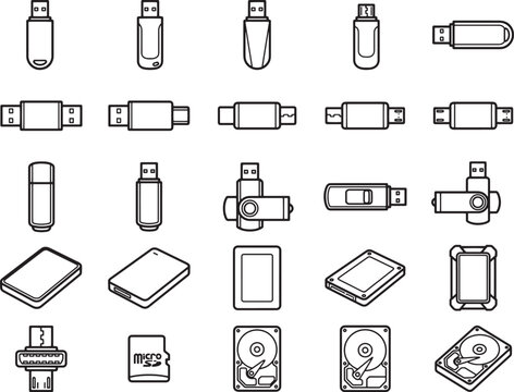A collection of vector icons representing various types of digital storage devices, including USB drives, external hard drives, and memory cards, displayed in a clean, minimalist style.
